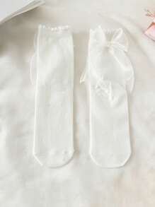 1 Đôi Tất Nữ Trang Trí Nơ Diềm Viền Dễ Thương Tất Cho Cuộc Sống Hàng Ngày - trắng - Xem 5