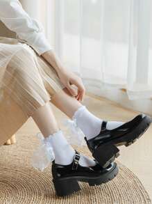 1 Đôi Tất Nữ Trang Trí Nơ Diềm Viền Dễ Thương Tất Cho Cuộc Sống Hàng Ngày - trắng - Xem 7