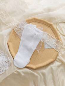 1 Đôi Tất Nữ Trang Trí Nơ Diềm Viền Dễ Thương Tất Cho Cuộc Sống Hàng Ngày - trắng - Xem 9