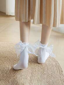 1 Đôi Tất Nữ Trang Trí Nơ Diềm Viền Dễ Thương Tất Cho Cuộc Sống Hàng Ngày - trắng - Xem 10