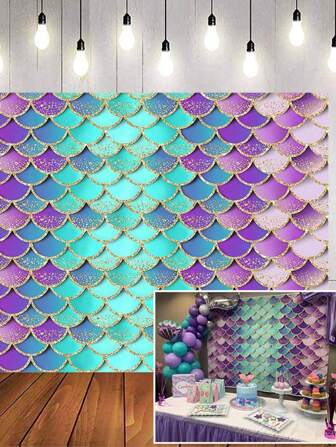 1pc Holographic Mermaid Scale Pattern Banner, Modern PVC Decorative Pull Flag For Party