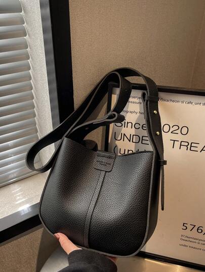 Solid Color Shoulder Bag Letter Embossed Detail With Small Pouch