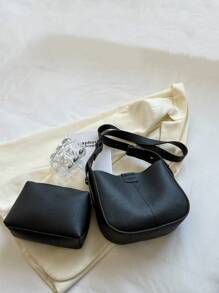 素色單肩包字母壓紋細節附帶小口袋包 - 黑色 - 查看 5