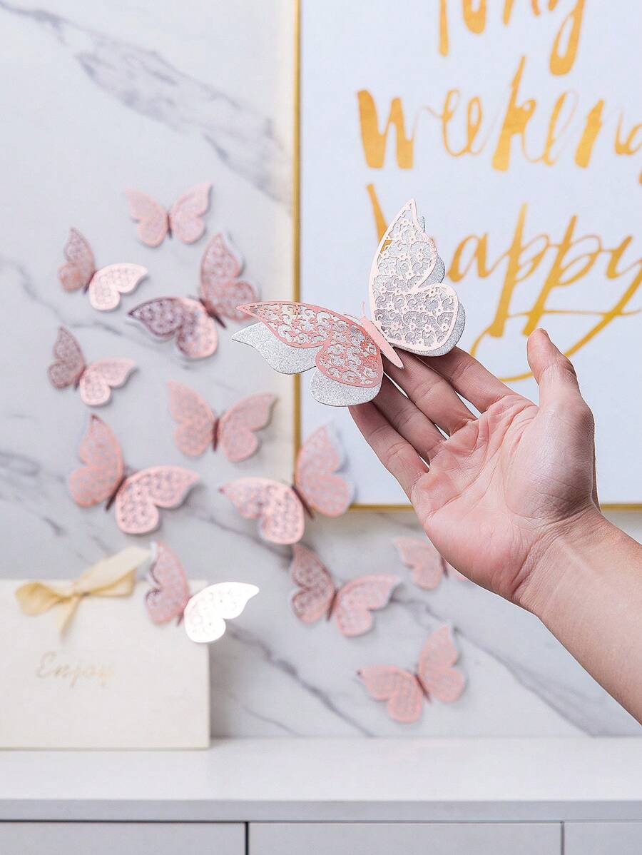 12pcs Double Layer Hollow Silver 3D Butterfly Sticker, Paper Decorative Butterfly Sticker For Home Decor,Stickers,Wall Decal, Vinyl Decal For Home Decorations,Spring Decoration Items Refresh Your Home,Rama Decoration Stickers Gifts Birthday Graduation - Silver - View 1