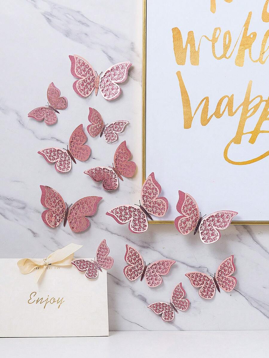 12 miếng dán bướm 3D vàng hồng hai lớp rỗng, miếng dán bướm trang trí bằng giấy để trang trí nhà cửa, nhãn dán, decal dán tường, decal vinyl để trang trí nhà cửa, vật dụng trang trí mùa xuân làm mới ngôi nhà của bạn, nhãn dán trang trí Rama - Hoa hồng vàng - Xem 1