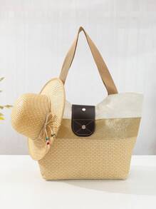 Colourblock Tote Bag With Hat Vacation Style - Brown - View 5