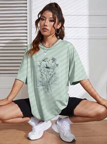 INAWLY Floral Print Drop Shoulder Tee Graphic Tees Women Tops