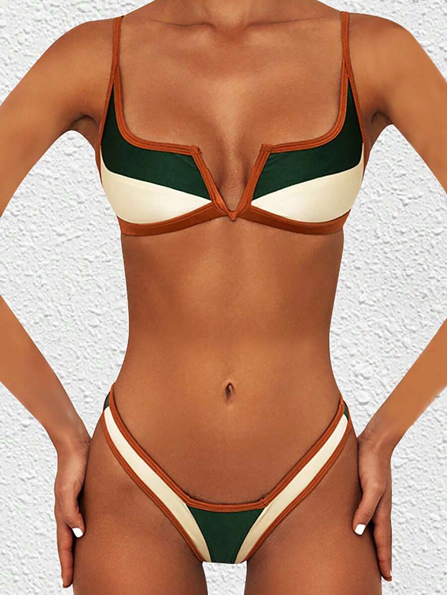 Bộ bikini phối màu cổ chữ V size nhỏ, đồ bơi mùa hè cho nữ, thích hợp đi biển. - Nhiều màu - Xem 1