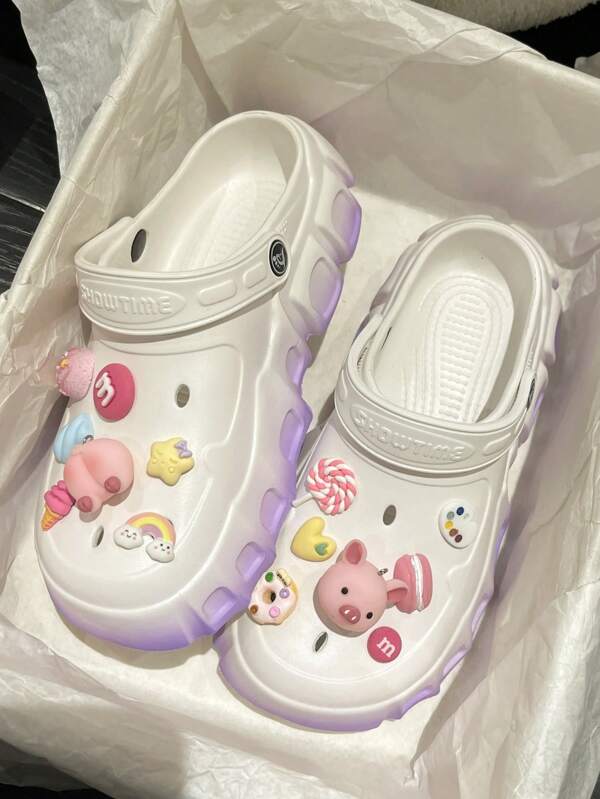 Women Cartoon Patch Decor Multi-way Wear Vented Clogs, Cute Outdoor Vented Clogs