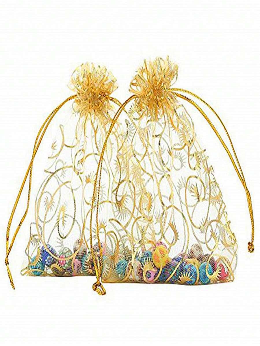 50 piezas Bolsas de regalo de malla con estampado metálico, Navidad - Dorado - Ver 1