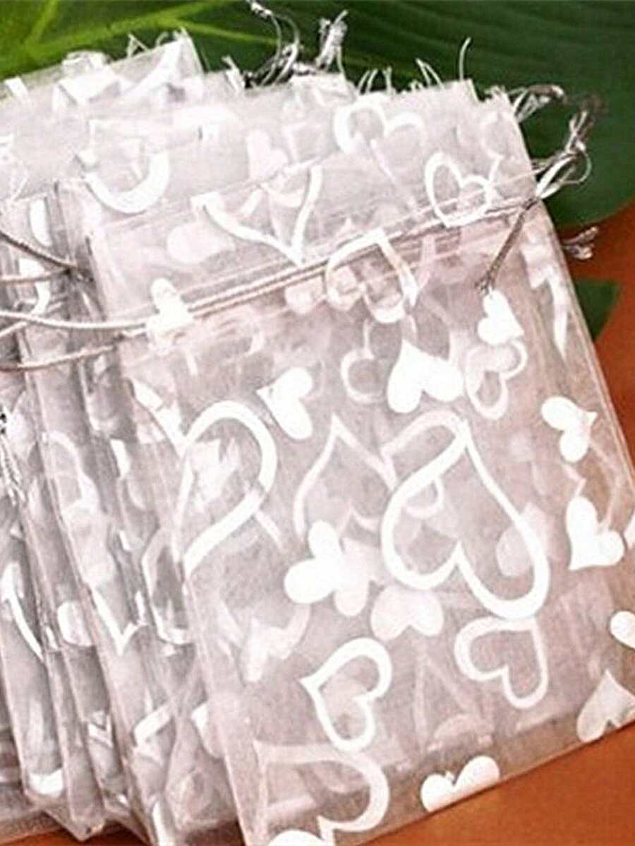 100入組隨機發貨金/銀箔星形、心形圖案，隨機顏色的10cm闊、12cm高的雪紡袋，結婚派對禮物/糖果