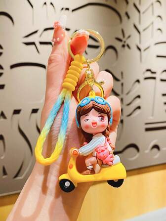 1入組中性卡通人物和電動自行車吊墜可愛鑰匙圈帶腕帶適用於鑰匙裝飾用品