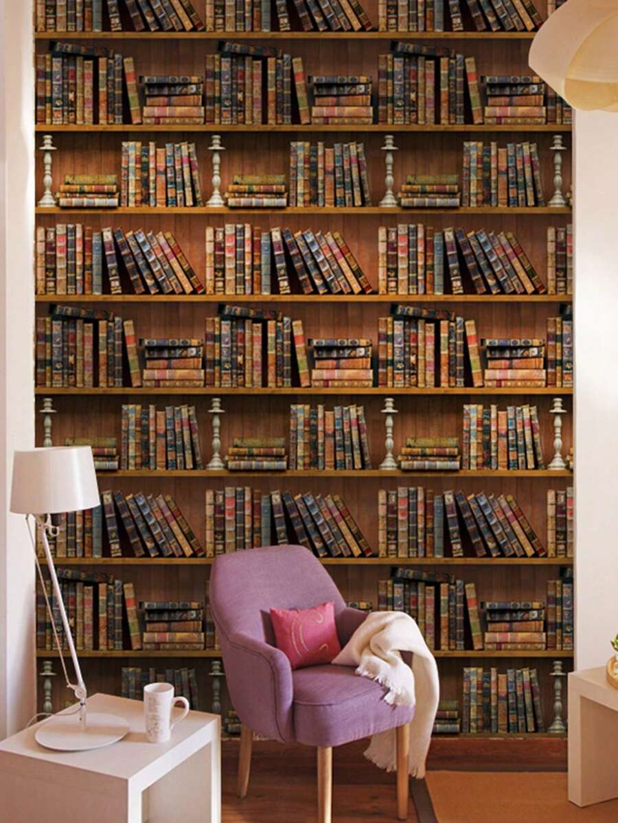 1pc Vintage Book Shelf Print Wall Paper, Creative PVC Waterproof Wall Decorative Sticker For Household - Multicolor - View 1