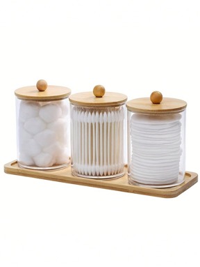3pcs Plastic Transparent Round Cleaning Swab Storage Box With Tray / 1pc Modern Portable Desktop Storage Box For Household,For Holiday Beach, Bathroom Collection, Bedroom Collection, Large Capacity