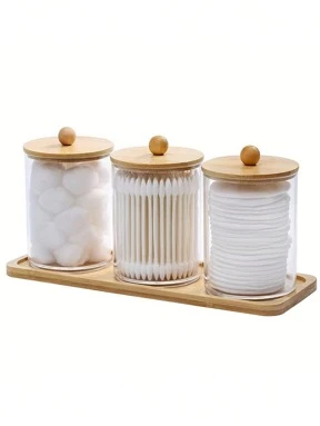 3pcs Plastic Transparent Round Cleaning Swab Storage Box With Tray / 1pc Modern Portable Desktop Storage Box For Household,For Holiday Beach, Bathroom Collection, Bedroom Collection, Large Capacity