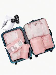 7pcs/set Polyester Travel Toiletry Bag Set, Modern Blue Slogan Graphic Portable Makeup Organizer Set For Travel - Blue - View 5