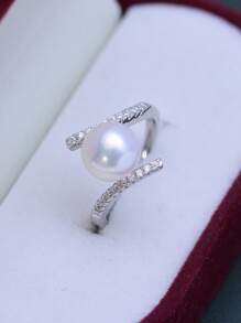 1pc Fashion Faux Pearl & Cubic Zirconia Decor Ring For Women For Daily Decoration Winter Gifts - Silver - View 6