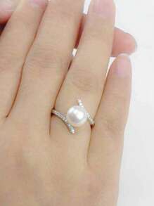 1pc Fashion Faux Pearl & Cubic Zirconia Decor Ring For Women For Daily Decoration Winter Gifts - Silver - View 4