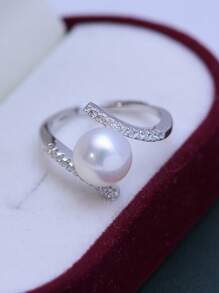 1pc Fashion Faux Pearl & Cubic Zirconia Decor Ring For Women For Daily Decoration Winter Gifts - Silver - View 7
