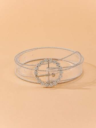 Party 1pc Women Rhinestone Decor Round Buckle Fashionable Transparent Belt, For Dress Decoration Summer, School Fall, Autumn, Halloween