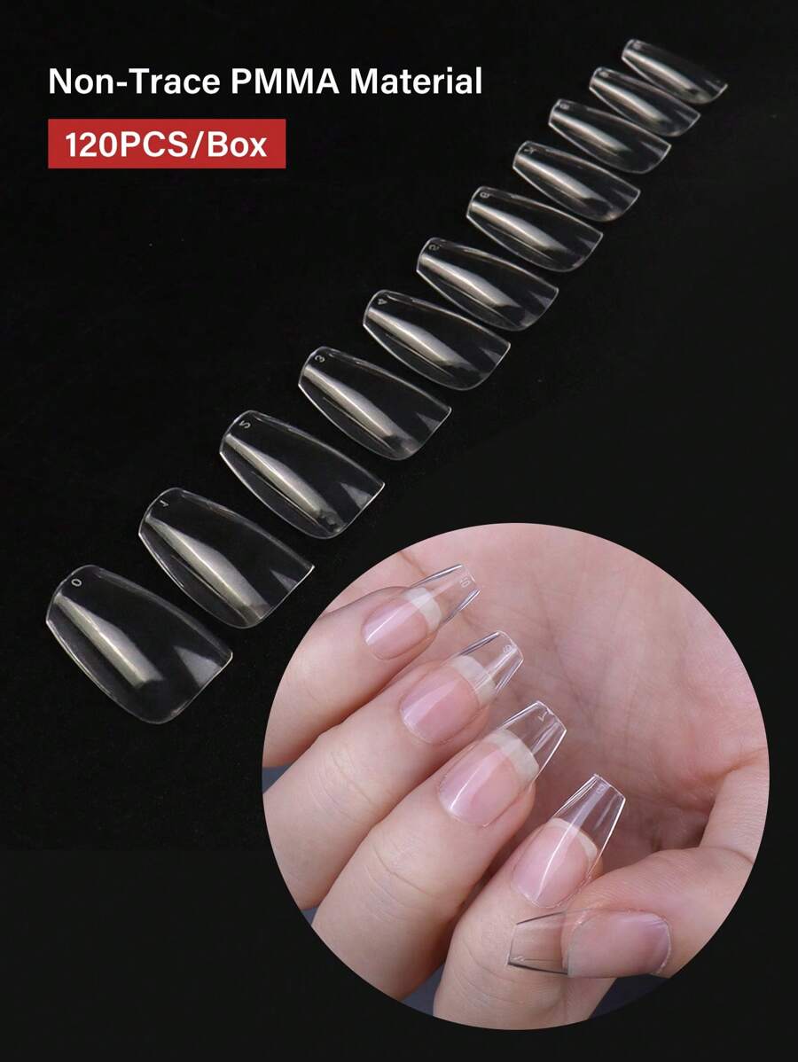 120入組短棺材型透明全覆蓋人造指甲套裝，提升妳的時尚風格，適用於女性居家美甲沙龍指甲延伸按壓式人造指甲美甲工具 - 無色 - 查看 1