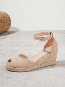 女士魚嘴編織踝帶坡跟度假戶外仿麂皮鞋 - 杏色 - 查看 6