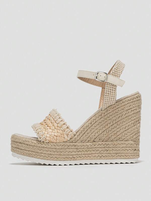 Women Braided Detail Espadrille Ankle Strap Wedge Sandals, Vacation