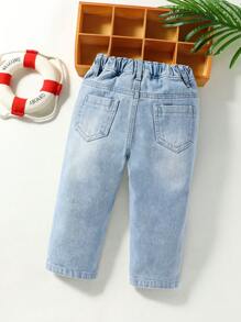 SHEIN Explorewe 女童日常波西米亚风休闲西部街头裂纹不对称弹性腰部修身牛仔裤 - 淺色水洗藍 - 查看 2