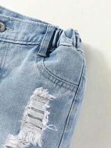 SHEIN Explorewe 女童日常波西米亚风休闲西部街头裂纹不对称弹性腰部修身牛仔裤 - 淺色水洗藍 - 查看 5