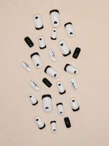 Get Romantic With 24pcs Long Square Heart Pattern Full Cover Fake Nail Kit For Women Press On Nails Nail Supplies - Multicolor - View 5