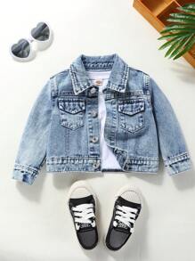 SHEIN Baby Girl Flap Pocket Denim Jacket Without Tee - Light Wash - View 1