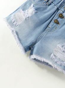 小女童破洞毛邊紙袋腰牛仔短褲 - 淺色水洗藍 - 查看 6