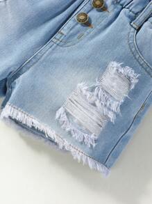 小女童破洞毛邊紙袋腰牛仔短褲 - 淺色水洗藍 - 查看 8
