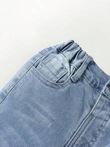 年輕女孩Y2K街頭波西米亞西部貓鬚撕裂彈性喇叭牛仔褲 - 淺色水洗藍 - 查看 6