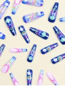 用 24 件长棺材涂鸦哑光眼睛图案全覆盖假指甲套装表达你的爱意，适用于女士按压式指甲美甲用品指甲 - 彩色 - 查看 6