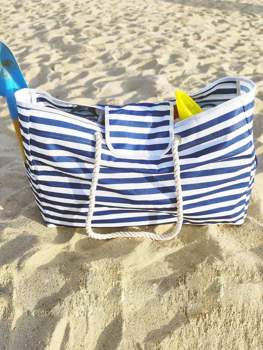 條紋圖案帆布夏季沙灘包,大容量購物袋,時尚托特包適合旅行,條紋圖案沙灘包,大容量托特包,度假風格帆布包旅行包 - 彩色 - 查看 1