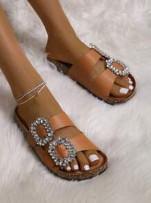Mengsu Women Rhinestone Decor Slide Sandals, Glamorous Outdoor Footbed Sandals - Brown - View 3