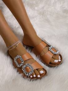 Mengsu Women Rhinestone Decor Slide Sandals, Glamorous Outdoor Footbed Sandals - Brown - View 4