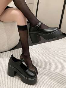 女性防水台粗跟瑪麗珍優雅戶外黑色高跟鞋 - 黑色 - 查看 2