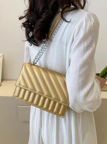 Quilted Square Bag Gold Chain Strap Flap - Gold - View 2