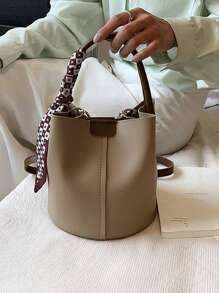 迷你水桶包針腳細節絲巾裝飾頂部單條提帶辦公 - 卡其色 - 查看 1