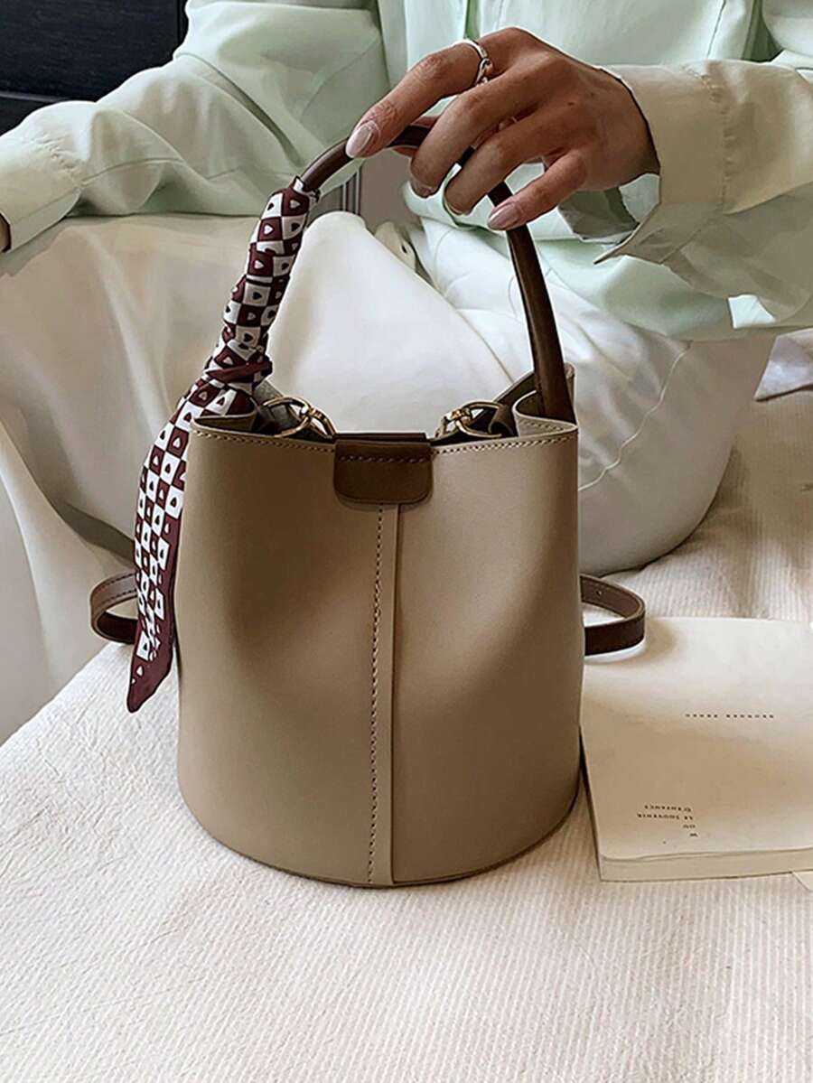 迷你水桶包針腳細節絲巾裝飾頂部單條提帶辦公 - 卡其色 - 查看 1