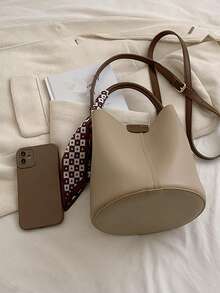 迷你水桶包針腳細節絲巾裝飾頂部單條提帶辦公 - 卡其色 - 查看 3