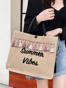 Túi mua sắm nhỏ trang trí đồ họa tua rua Túi đi học, sức chứa lớn, di động, cổ điển thường ngày, thích hợp cho các cô gái tuổi teen nữ sinh viên đại học, hoàn hảo để đi học, đại học, tiểu học, trung học cơ sở, trung học phổ thông, mua sắm, kỳ nghỉ - Màu Khaki - Xem 2