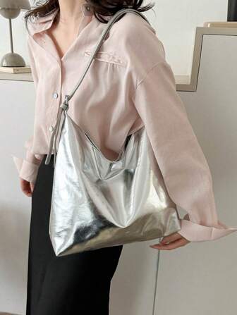 時尚休閒女單肩包銀色手提包PU素色手提包購物旅行包