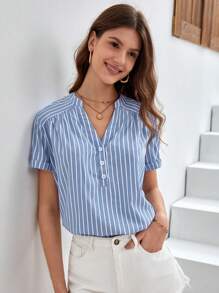 SHEIN Frenchy 條紋印花半排扣襯衫 - 藍白色 - 查看 1