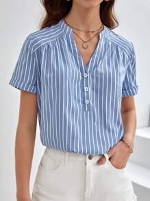 SHEIN Frenchy 條紋印花半排扣襯衫 - 藍白色 - 查看 4