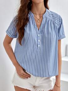 SHEIN Frenchy 條紋印花半排扣襯衫 - 藍白色 - 查看 5