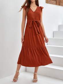 SHEIN Frenchy Đầm Thắt lưng Xù Viên lá sen Buộc lại màu trơn Giải trí - Màu Cam cháy - Xem 6