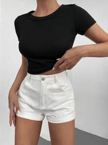 RueChic Solid Ribbed Knit Tee - Black - View 3